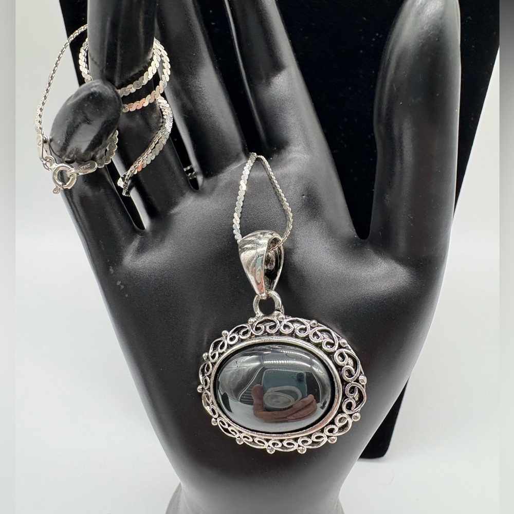 Sterling Silver Chain with Silver Tone Hematite Stone Necklace
